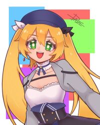 Rule 34 | 1girl, :d, blonde hair, blue hat, breasts, choker, cleavage, cropped jacket, dokibird (vtuber), earrings, green eyes, grey jacket, hat, highres, indie virtual youtuber, jacket, jewelry, long hair, looking at viewer, meiidayo20, open clothes, open jacket, open mouth, shirt, signature, single earring, small breasts, smile, solo, teeth, twintails, underbust, upper body, upper teeth only, virtual youtuber, white shirt