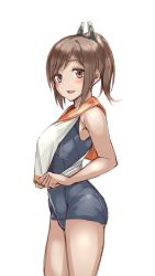 Rule 34 | 1girl, bare arms, bare shoulders, blue one-piece swimsuit, blush, brown eyes, brown hair, clothes pull, commentary request, contrapposto, cowboy shot, from side, fumikiri, highres, i-401 (kancolle), kantai collection, looking at viewer, looking to the side, one-hour drawing challenge, one-piece swimsuit, orange sailor collar, parted lips, ponytail, pulled by self, sailor collar, school swimsuit, school uniform, serafuku, shirt pull, simple background, smile, solo, standing, swimsuit, white background