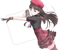 Rule 34 | 1girl, amagi yukiko, black eyes, black gloves, black hair, black shirt, black thighhighs, blunt bangs, checkered clothes, checkered skirt, commentary request, cowboy shot, earrings, floating hair, frilled skirt, frills, from side, glint, gloves, hat, highres, jewelry, long hair, looking at viewer, looking to the side, necklace, official alternate costume, outstretched arm, parted lips, persona, persona 4, persona 4: dancing all night, persona dancing, red hat, red skirt, shirt, short sleeves, skirt, smile, solo, ssssantn, straight hair, thighhighs, wristband, zettai ryouiki