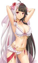 Rule 34 | 1girl, ahoge, alternate costume, arabian clothes, arcie albano, armpits, arms behind head, arms up, artist logo, belly chain, bikini, blush, body chain, breasts, brown hair, collarbone, cowboy shot, diagonal bangs, flower, frilled bikini, frills, gem, gluteal fold, grey hair, hair ribbon, head chain, hibiscus, highres, jewelry, large breasts, long hair, looking at viewer, mixed-language commentary, multicolored hair, navel, nijisanji, open mouth, pink hair, red eyes, red flower, ribbon, simple background, smile, solo, standing, stomach, streaked hair, swimsuit, teeth, tress ribbon, two-tone hair, upper teeth only, very long hair, virtual youtuber, white background, white bikini, yorumi rena, yorumi rena (7th costume)