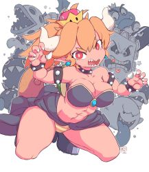 Rule 34 | 1girl, abs, armlet, artist name, bare shoulders, black footwear, blonde hair, bob-omb, boo (mario), bowsette, bracelet, breasts, bullet bill, buzzy beetle, chain chomp, claw pose, claws, cleavage, closed mouth, collar, collarbone, crown, dry bones, earrings, fangs, female focus, full body, gem, goomba, hands up, heart, high heels, horns, jewelry, jpeg artifacts, kneeling, large breasts, looking at viewer, mario (series), mini crown, navel, new super mario bros. u deluxe, nintendo, open mouth, orange panties, outline, panties, piranha plant, pointy ears, ponytail, red eyes, sharp teeth, shoes, signature, smile, solo focus, spiked bracelet, spiked collar, spikes, star (symbol), starmilk, strapless, striped clothes, striped panties, super crown, tail, teeth, thwomp, tongue, tongue out, tube top, turtle shell, underwear, white background, white outline