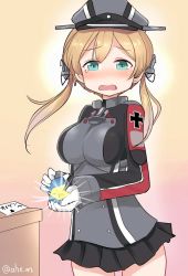 Rule 34 | 1girl, ahenn, aqua eyes, black skirt, blonde hair, blush, breasts, cowboy shot, gloves, hair between eyes, hat, holding, jewelry, kantai collection, large breasts, long hair, long sleeves, low twintails, military, military hat, military uniform, open mouth, peaked cap, pleated skirt, prinz eugen (kancolle), ring, skirt, solo, tears, twintails, twitter username, uniform, wedding band, white gloves