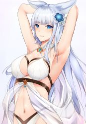 Rule 34 | 1girl, animal ears, armpits, arms behind head, arms up, bikini, blue eyes, breasts, choker, cleavage, collarbone, floating hair, granblue fantasy, groin, hair ornament, highres, jewelry, korwa, korwa (summer) (granblue fantasy), large breasts, long hair, looking at viewer, navel, necklace, parted lips, ranju aira, see-through, shiny skin, silver hair, simple background, smile, solo, swimsuit, upper body, very long hair, white background, white bikini
