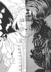 Rule 34 | 1boy, black vs white, bug, butterfly, butterfly on hand, butterfly wings, cape, dated, evil smile, fate/grand order, fate (series), greyscale, grin, highres, insect, insect on finger, insect wings, looking at viewer, male focus, monochrome, oberon (fate), oberon (third ascension) (fate), one eye closed, riffle hunter, smile, solo, split theme, spoilers, tree, upper body, wings