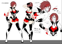 Rule 34 | 1girl, anger vein, attack, black gloves, black thighhighs, breasts, brown hair, character sheet, choker, cleavage, clenched hand, collar, constricted pupils, eyeshadow, facepaint, fingerless gloves, gloves, makeup, manbou no ane, meiko (vocaloid), red eyes, revealing clothes, ring no seraph (vocaloid), short hair, simple background, sparkle, spiked choker, spikes, thighhighs, tongue, tongue out, translated, vocaloid, white background, white footwear, wrestling outfit