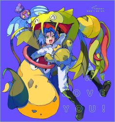 Rule 34 | 017 75, 1boy, absurdres, blue hair, boots, cacnea, carnivine, creatures (company), game freak, gen 1 pokemon, gen 3 pokemon, gen 4 pokemon, gen 7 pokemon, green eyes, happy, highres, james (pokemon), male focus, mareanie, nintendo, open mouth, pokemon, pokemon (anime), pokemon (creature), purple background, simple background, victreebel