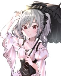 Rule 34 | 1girl, arm up, black bow, black ribbon, black umbrella, blush, bow, breasts, collarbone, commentary, detached sleeves, dot nose, dress, drill hair, frills, grey hair, hair between eyes, hair bow, haruno (haruno na), holding, holding umbrella, idolmaster, idolmaster cinderella girls, kanzaki ranko, lace, lolita fashion, looking at viewer, open mouth, parasol, puffy sleeves, red eyes, ribbon, simple background, small breasts, solo, sunlight, sweatdrop, twin drills, twintails, umbrella, upper body, white background, wide sleeves