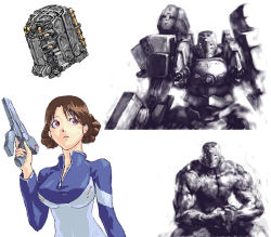 Rule 34 | 1boy, 1girl, armored core, armored core last raven, armored core nexus, breasts, from software, gun, handgun, jack-o, mecha, pistol, robot, short hair, standing, upper body, weapon, white background