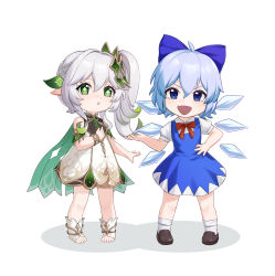 Rule 34 | 2girls, :d, absurdres, ahoge, aqua hair, blue eyes, bow, bracelet, cape, cirno, commentary, crossover, detached sleeves, dress, fairy wings, full body, genshin impact, gradient hair, green eyes, hair between eyes, hair bow, hair ornament, hair ribbon, hand on own hip, highres, ice, ice wings, jewelry, long hair, looking at viewer, multicolored hair, multiple girls, nahida (genshin impact), open mouth, out of frame, parted lips, pointy ears, ribbon, shoes, short hair, short sleeves, side ponytail, sidelocks, simple background, smile, socks, standing, star (symbol), stirrup legwear, toeless legwear, touhou, v-shaped eyebrows, white background, white dress, white hair, wings, xue xue