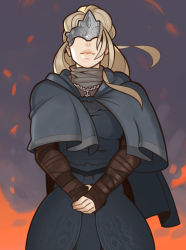 Rule 34 | 1girl, blonde hair, breasts, capelet, closed mouth, covered eyes, cowboy shot, dark souls (series), dark souls iii, fire, fire keeper, highres, jewelry, lips, long hair, mask, necklace, own hands together, smile, solo, splashbrush