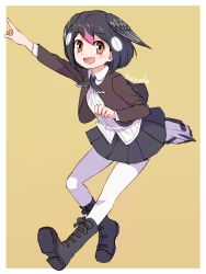 Rule 34 | 1girl, :d, artist name, bird tail, bird wings, black footwear, black hair, black skirt, boots, brown eyes, brown jacket, full body, greater honeyguide (kemono friends), hair between eyes, hanada (cobalt003), head wings, highres, jacket, kemono friends, long sleeves, looking at viewer, multicolored hair, open mouth, outstretched arm, pantyhose, pink hair, pleated skirt, pointing, shirt, short hair, simple background, skirt, smile, solo, tail, white hair, white pantyhose, white shirt, wings, yellow background
