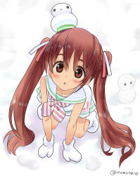 Rule 34 | 1girl, all fours, brown eyes, brown hair, dress, hat, kantai collection, kujira naoto, libeccio (kancolle), long hair, mini hat, mittens, neckerchief, sailor collar, sailor dress, simple background, sleeveless, sleeveless dress, snowman, solo, striped neckerchief, twintails, white background, white dress, white footwear, white mittens, white sailor collar