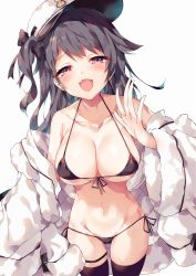Rule 34 | 1girl, :d, azur lane, bad hands, bare shoulders, bikini, black bikini, black hair, black thighhighs, bow, breasts, cleavage, collarbone, commentary request, cowboy shot, fang, front-tie bikini top, front-tie top, fur trim, groin, hair bow, half-closed eyes, halterneck, hat, highres, jacket, large breasts, long hair, looking at viewer, micro bikini, navel, off shoulder, one side up, open clothes, open jacket, open mouth, pamiat merkuria (azur lane), peaked cap, red eyes, side-tie bikini bottom, simple background, skindentation, smile, solo, stomach, string bikini, swimsuit, thigh strap, thighhighs, thighs, unacchi (nyusankin), white background, white hat, white jacket