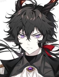 Rule 34 | 1boy, animal ears, arknights, bishounen, black coat, black hair, coat, ebenholz (arknights), goat boy, goat ears, goat horns, highres, horns, looking at viewer, male focus, portrait, purple eyes, red ribbon, ribbon, rio (rio773), serious, simple background, solo, upper body, white background