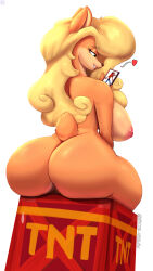Rule 34 | 1girl, animal ears, ass, ass focus, blonde hair, breasts, crash bandicoot (series), explosive, facing away, furry, furry female, green eyes, heart, highres, huge ass, huge breasts, long hair, nexcoyotlgt, nipples, phone, simple background, sitting, solo, tail, tawna bandicoot, tnt, white background