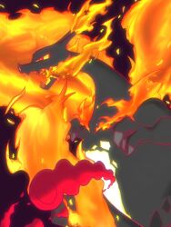 Rule 34 | alternate color, animal focus, black background, breath weapon, breathing fire, charizard, claws, colored sclera, creatures (company), dragon, fiery wings, fire, from side, game freak, gen 1 pokemon, gigantamax, gigantamax charizard, herari, highres, nintendo, no humans, open mouth, pokemon, pokemon (creature), profile, red eyes, sharp teeth, shiny pokemon, smoke, solo, standing, teeth, wings, yellow pupils, yellow sclera