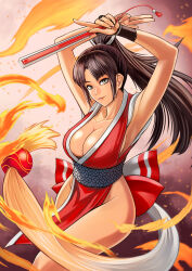 1girl breasts fatal_fury fire kakato large_breasts long_hair shiranui_mai solo