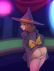 Rule 34 | 1girl, ass, blackjack casino dealer (ni no kuni), bow, butt crack, exhibitionism, from behind, hat, monorus, ni no kuni, panties, panty pull, public indecency, sleeves past wrists, solo, underwear, undressing, witch hat