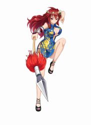 Rule 34 | 1girl, bare legs, breasts, china dress, chinese clothes, cle masahiro, dress, fighting stance, full body, hair ornament, highres, holding, holding weapon, kisaragi setsuna, large breasts, leg lift, long hair, official art, panties, polearm, qiang (weapon), red eyes, red hair, serious, side-tie panties, sleeveless, solo, spear, underwear, valkyrie drive, valkyrie drive -siren-, weapon