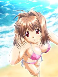 Rule 34 | 1girl, adjusting hair, antenna hair, beach, bikini, breasts, brown hair, caustics, cleavage, covered erect nipples, day, foreshortening, from above, front-tie bikini top, front-tie top, hair intakes, halterneck, kawai rie, large breasts, lovers (game), outdoors, pink bikini, red eyes, short hair, side-tie bikini bottom, solo, standing, standing on one leg, string bikini, swimsuit, wet