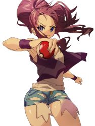 Rule 34 | 1girl, ankea (a-ramo-do), armpits, bare arms, bare shoulders, black vest, blue eyes, brown hair, clenched hand, closed mouth, cowboy shot, creatures (company), denim, denim shorts, exposed pocket, floating hair, game freak, hands up, high ponytail, highres, hilda (pokemon), holding, holding poke ball, long hair, looking at viewer, nintendo, no headwear, open clothes, open vest, outstretched arm, poke ball, poke ball (basic), pokemon, pokemon bw, ponytail, serious, shirt, shorts, sidelocks, simple background, sleeveless, sleeveless shirt, solo, standing, upper body, v-shaped eyebrows, vest, white background, white shirt, wristband