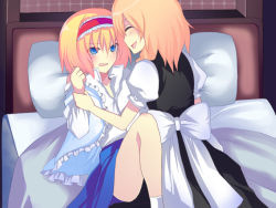 Rule 34 | 2girls, alice margatroid, bed, blonde hair, blue eyes, blush, closed eyes, female focus, forced, frown, girl on top, hairband, harano, holding another&#039;s wrist, kirisame marisa, lying, multiple girls, nervous, no headwear, no headwear, on back, open mouth, pillow, short hair, shy, smile, socks, tears, touhou, undressing, you gonna get raped, yuri