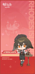 Rule 34 | 1boy, absurdres, animal ears, antique phone, argyle, argyle clothes, argyle legwear, arknights, artist request, ayerscarpe (arknights), bandaid, bandaid on face, bandaid on nose, beret, black hair, black hat, black shorts, black vest, brown footwear, character name, chibi, collared shirt, copyright name, corded phone, grey socks, hair between eyes, hat, highres, holding, holding phone, kneehighs, long sleeves, male focus, necktie, orange eyes, phone, puffy long sleeves, puffy sleeves, rabbit ears, red necktie, rotary phone, shirt, shoes, shorts, socks, solo, sparkle, table, tilted headwear, vest, white shirt, zoom layer