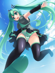 Rule 34 | 1girl, aqua eyes, aqua hair, blush, breasts, day, detached sleeves, female focus, from below, hatsune miku, headphones, headset, highres, massan, necktie, open mouth, outdoors, panties, skirt, sky, smile, solo, striped clothes, striped panties, sun, thighhighs, twintails, underwear, vocaloid