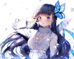 Rule 34 | 1girl, aosai nabi, blue eyes, blue nails, blush, breasts, bug, butterfly, cleavage, cleavage cutout, clothing cutout, earrings, grey sweater, hair ornament, high heels, highres, ijac ray, indie virtual youtuber, insect, jacket, jewelry, long hair, looking at viewer, medium breasts, nail polish, off shoulder, open mouth, oversized object, ribbon earrings, simple background, smile, solo, stylus, sweater, upper body, virtual youtuber, water drop, white jacket