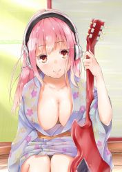 Rule 34 | 1girl, areola slip, blush, breasts, cleavage, electric guitar, female focus, gradient background, guitar, headphones, highres, instrument, japanese clothes, kimono, large breasts, long hair, looking at viewer, nipple slip, nipples, nitroplus, pink hair, qzik, red eyes, smile, solo, super sonico, yukata