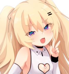 Rule 34 | 1girl, :d, azur lane, bache (azur lane), bache (showy sports star) (azur lane), blonde hair, blush, breasts, chiji komari, clothing cutout, collared dress, detached sleeves, dress, fang, hair between eyes, hair ornament, hairclip, hand up, heart cutout, jewelry, long hair, long sleeves, looking at viewer, open mouth, purple eyes, ring, simple background, sleeveless, sleeveless dress, small breasts, smile, solo, two side up, upper body, v, white background, white dress, white sleeves