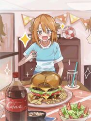 Rule 34 | + +, 1girl, 2others, ball, blush, burger, cola, cup, drinking straw, food, hachiya (silica q), highres, idolmaster, idolmaster cinderella girls, indoors, looking at food, multiple others, orange hair, oversized food, oversized object, salad, short sleeves, smile, soccer ball, solo focus, sparkle, yuuki haru