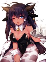 Rule 34 | 1girl, :d, animal ears, animal print, bare shoulders, bell, black hair, blue eyes, blush, breasts, collar, cow ears, cow girl, cow horns, cow print, cow tail, cowbell, cup, dark-skinned female, dark skin, detached collar, drinking glass, english text, fang, hair tubes, horns, large breasts, leotard, long hair, looking at viewer, milk, mofuaki, neck bell, nontraditional playboy bunny, one eye closed, open mouth, original, pantyhose, playboy bunny, simple background, sitting, smile, solo, tail, tray, wariza, white background, wrist cuffs