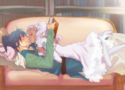 Rule 34 | 00s, 1boy, 1girl, blue eyes, blue hair, blush, book, closed eyes, couch, couple, dark skin, dress, embarrassed, f-tani, hair ornament, hetero, imminent kiss, keele zeibel, long hair, lying, meredy (tales), official alternate costume, on person, pantyhose, pillow, ponytail, purple hair, smile, tales of (series), tales of eternia, white pantyhose