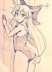 Rule 34 | 1girl, ass, breasts, commentary request, covered navel, cowboy shot, d-m (dii emu), eyelashes, greyscale, horns, ibuki suika, long hair, looking at viewer, monochrome, one-piece swimsuit, oni horns, small breasts, swimsuit, touhou, traditional media, wall