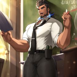 Rule 34 | 1boy, :d, bara, beard, bellsaltr, black hair, black pants, blue fire, book, bulge, chalk, chalkboard, classroom, curtains, dark-skinned male, dark skin, desk, facial hair, fire, forked eyebrows, highres, holding, holding book, indoors, large pectorals, male focus, mature male, muscular, muscular male, necktie, open book, open mouth, pants, partially unbuttoned, pectorals, sandayu (housamo), school desk, shirt, short hair, sleeves rolled up, smile, solo, sunlight, teacher, thick thighs, thighs, tight clothes, tight pants, tight shirt, tokyo houkago summoners, window