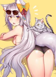 Rule 34 | 1girl, absurdly long hair, animal ears, ass, blush, bow, breasts, cat, eyewear on head, grey hair, hair bow, highres, kaerunoko, long hair, looking at viewer, medium breasts, open mouth, original, sideboob, simple background, solo, squirrel ears, squirrel tail, standing, sunglasses, tail, very long hair, yellow background, yellow bow, yellow eyes