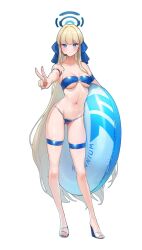 Rule 34 | 1girl, bandeau, bare legs, bare shoulders, bikini, blonde hair, blue archive, blue bandeau, blue bikini, blue bow, blue eyes, blue halo, blush, bow, breasts, chochomi, closed mouth, collarbone, earpiece, full body, hair bow, hair ribbon, halo, halterneck, high heels, highres, holding, holding swim ring, innertube, legs, long hair, looking at viewer, medium breasts, nail polish, navel, ribbon, sandals, simple background, small breasts, solo, standing, stomach, strapless, strapless bikini, string bikini, swim ring, swimsuit, thigh strap, thighs, toenails, toes, toki (blue archive), v, very long hair, white background