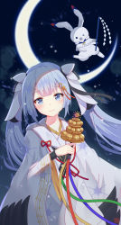 Rule 34 | &gt; o, 1girl, absurdres, alternate costume, blue eyes, blue hair, blush, rabbit, commentary request, crescent moon, floating, hair ornament, hatsune miku, highres, holding, japanese clothes, kimono, long hair, long sleeves, looking at viewer, moon, musical note, musical note hair ornament, one eye closed, red ribbon, ribbon, snowflake print, twintails, very long hair, vocaloid, w-t, white kimono, wide sleeves, yuki miku