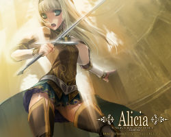 Rule 34 | 1girl, alicia, alicia (valkyrie profile 2), blonde hair, blue eyes, boots, character name, copyright name, gluteal fold, hairband, long hair, miniskirt, overskirt, puffy sleeves, skirt, solo, standing, sword, thigh boots, thighhighs, thighs, thomasz, valkyrie profile (series), valkyrie profile 2: silmeria, wallpaper, weapon, zettai ryouiki