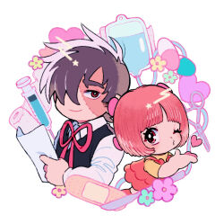 Rule 34 | 1boy, 1girl, bandages, bandaid, black hair, black jack (character), black jack (series), bow, brown hair, doctor, eyelashes, flower, gauze, hair bow, hair over one eye, heart, holding, holding paper, husagin, intravenous drip, knife, multicolored hair, one eye closed, paper, pill, pinoko, pursed lips, red eyes, ribbon, scalpel, scar, scar on face, short hair, smile, stitched face, stitches, syringe, two-tone hair, white hair