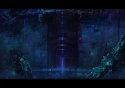 Rule 34 | 3others, ambiguous gender, commentary request, fireflies, flashlight, fungus, glowing, indoors, letterboxed, miso pan, multiple others, original, plant, ruins, scenery, silhouette, tunnel, vines, wading, water