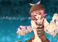 Rule 34 | 1girl, animal ears, bad id, bad pixiv id, female focus, holding hands, hat, music, musical note, mystia lorelei, open mouth, short hair, singing, solo, solo focus, standing, takamura, touhou