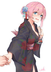 Rule 34 | 1girl, absurdres, aqua eyes, bag, bagged fish, blush, bocchi the rock!, breasts, embarrassed, enferverge, fish, flower, goldfish, gotoh hitori, hair bun, hair flower, hair ornament, highres, holding hands, japanese clothes, kimono, large breasts, medium breasts, open mouth, pink hair, pov, pov hands, tears