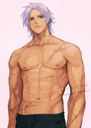 Rule 34 | 1boy, abs, alphen (tales), black pants, commentary request, dark-skinned male, dark skin, grey eyes, grey hair, looking at viewer, male focus, multiple scars, muscular, muscular male, nukegara102, pants, scar, scar on arm, scar on chest, scar on stomach, short hair, simple background, solo, tales of (series), tales of arise, topless male, upper body