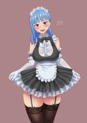 Rule 34 | 1girl, 2016, apron, bare shoulders, black thighhighs, blue hair, breasts, curtsey, dated, elbow gloves, garter straps, gloves, large breasts, looking at viewer, maid, maid apron, maid headdress, open mouth, original, purple eyes, simple background, smile, solo, thighhighs, white gloves, zheng