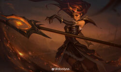 Rule 34 | 1girl, absurdres, alternate costume, artist name, black dress, black gloves, breasts, brown hair, chinese commentary, chromatic aberration, closed mouth, cowboy shot, doolyss, dress, dust, elbow gloves, fog, gloves, hair ornament, highres, incoming attack, janna (league of legends), league of legends, light smile, long hair, looking ahead, magic, medium breasts, outdoors, outstretched arm, red eyes, sleeveless, sleeveless dress, smile, solo, wind
