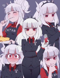 1girl apron black_apron black_hairband black_pants black_suit blunt_bangs blush breasts commentary cup demon_girl demon_horns drinking_glass eating english_commentary fork formal_clothes frown gloves hairband hand_on_own_chin helltaker holding holding_cup holding_fork holding_plate horns long_hair lucifer_(helltaker) medium_breasts mole mole_under_mouth moyori necktie pants plate red_eyes red_necktie smile spiked_hairband spikes stroking_own_chin suit thinking v-shaped_eyebrows wavy_mouth white_gloves white_hair wine_glass