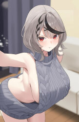 Rule 34 | 1girl, :t, alternate costume, armpits, ass, backless outfit, bare arms, bare shoulders, black hair, blush, braid, breasts, butt crack, closed mouth, commentary, curtains, grey hair, grey sweater, hair ornament, haro art, highres, hololive, indoors, large breasts, meme attire, multicolored hair, parted bangs, pout, reaching, reaching towards viewer, red eyes, sakamata chloe, sideboob, sideless sweater, single braid, solo, streaked hair, sweater, v-shaped eyebrows, virgin killer sweater, virtual youtuber, x hair ornament