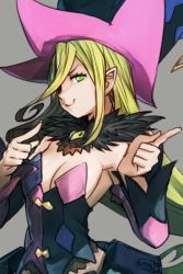 Rule 34 | 1girl, asymmetrical sleeves, blonde hair, breasts, closed mouth, commentary request, detached sleeves, dress, green eyes, grey background, hat, hungry clicker, looking at viewer, magilou (tales), medium breasts, mismatched sleeves, pointing, pointy ears, pouch, simple background, smile, solo, tales of (series), tales of berseria, upper body, witch hat